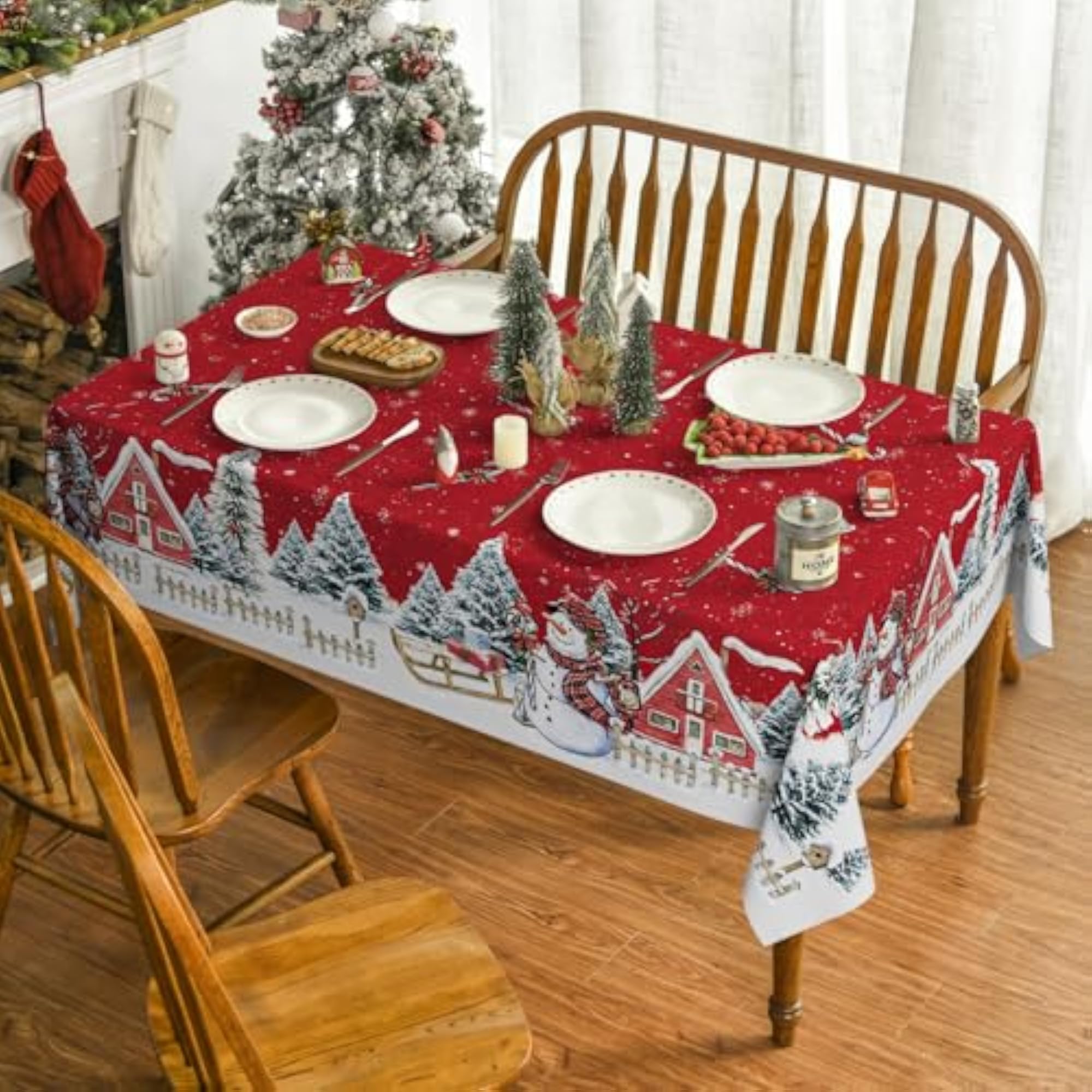 Christmas Tablecloth 52×70 Inch, Winter Snowman House